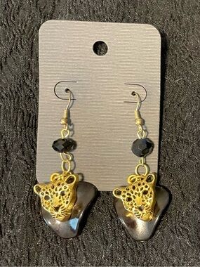 Gold Leopard Head Drop Earrings with Faceted Black Bead Accents